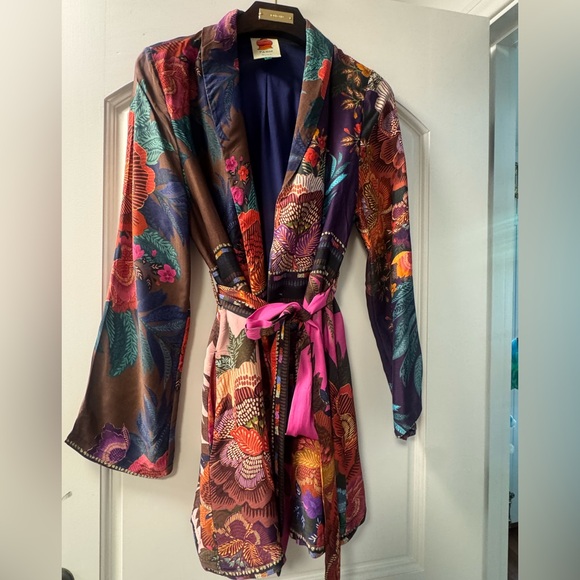 FARM Rio Jackets & Blazers - FARM Rio Multicolor Floral Satin Wrap Jacket with Pink Belt